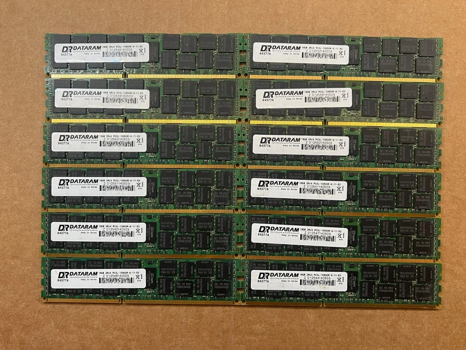 Lote de 12 Dataram 64377A 2x16GB PC3L-10600R-9-11-E2 2RX4 DDR3 RAM Foto 1 de 4