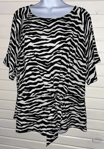 Belle By Kim Gravel Sz LARGE Black White Zebra Print Tie Front Blouse EUC - Picture 1 of 9