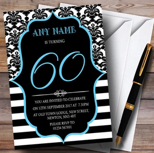 Vintage Damask Blue 60th Personalised Birthday Party Invitations - Picture 1 of 1