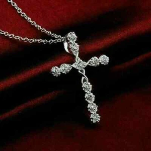 1.32Ct Round Lab Created Diamond Cross Pendant 14K White Gold Plated Free Chain - Picture 1 of 6