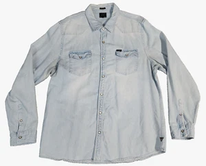 Guess Mens Button Up Pearl Snap Button Cotton Denim Light Blue Long Sleeve XXL - Picture 1 of 7