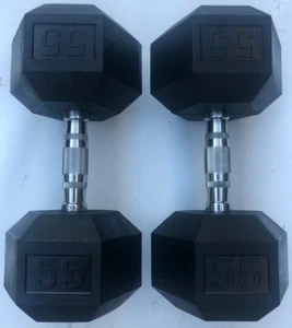 BRAND NEW 55LB PAIR OF RUBBER COATED HEX DUMBBELLS WEIGHTS FOR COMMERCIAL GYM - Picture 1 of 1