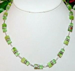 Halskette Kette Würfel Murano Millefiori Cat Eye Strass grün hellgrün mint  362n - Bild 1 von 7