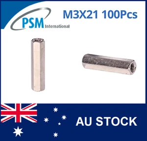 M3 X 21 PSM SPACER HEX FEMALE / FEMALE BRASS NICKEL PLATED SPA01BM321MM 100PCS - Picture 1 of 5
