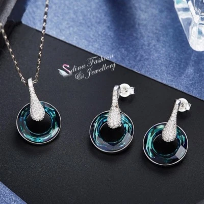 S925 Sterling Silver Made With Swarovski Element Stylish Luxury Round Teal Set - Изображение 1 из 4