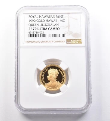 1990 Havaí Ouro 1/4 Coroa Rainha Liliuokalani PF70 UCAM NGC *9671 - Imagem 1 de 3