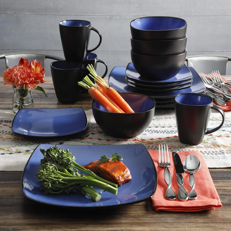 Gibson Soho Lounge 16 Piece Square Dinnerware Set, Blue, Dishwasher Stoneware - Image 1 of 4