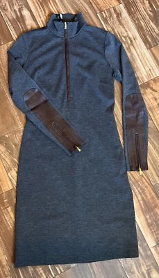 Lauren Ralph Lauren Zip Mock Neck Gray Knit Dress Lamb Leather Trim Capsule 4 - Image 1 of 4