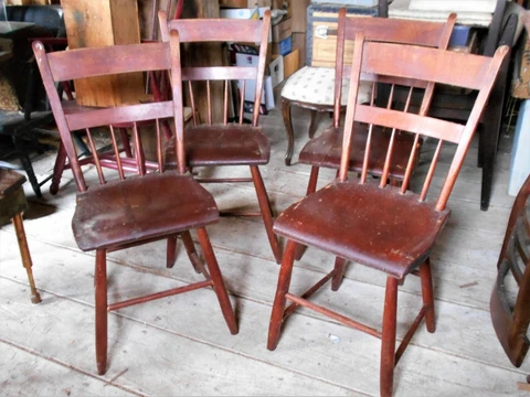 SET OF 4 ANTIQUE 19th CENTURY COUNTRY THUMBACK CHAIRS IN ORIGINAL RED PAINT Cover