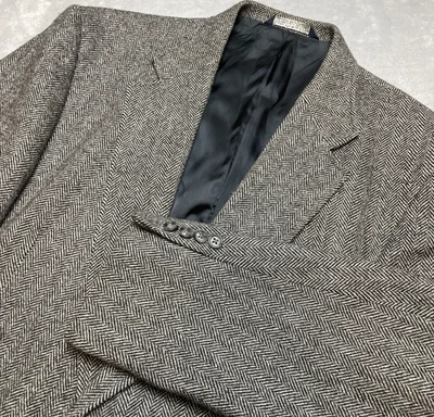 Винтажный мужской блейзер Lands End в елочку из твидового дерева 46R черный 100% шерсть на двух пуговицах - Изображение 1 из 4