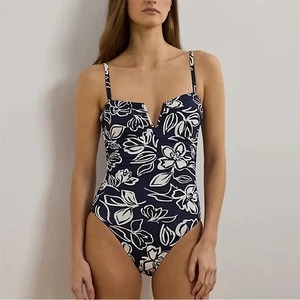 Lauren Ralph Lauren Allora Floral Bügel Einteiler Badeanzug Navy Blau 112 - Bild 1 von 5