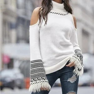 Venus Cold Shoulder Turtleneck Sweater Fringe Sleeves Black White Boho Size 2X - Picture 1 of 11