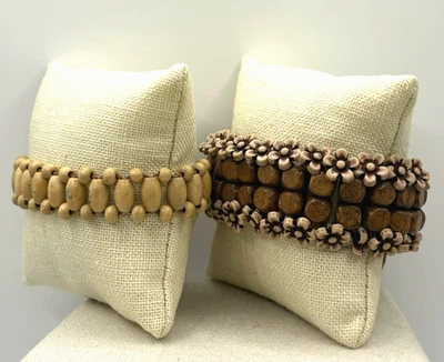 Juego de 2 pulseras de cordón deslizante con cuentas de madera de flores tropicales hechas a mano Foto 1 de 4