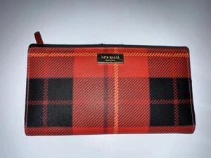 Kate Spade Neda Newbury Lane Geldbörse Karomuster rot Saffianoleder faltbar K - Bild 1 von 11