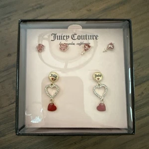Juicy Couture Set of 3 Earrings ~ Rose & Heart Studs / Dangle NEW - Picture 1 of 9