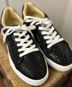 Betsey Johnson Black Sidny Sneakers Bling Beaded 11 Rhinestones Chunky Minty - Picture 1 of 9