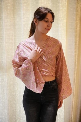 Wrap Top Pure Silk Tie Blouse Dress Girls Woman Y2k Boho crop Top PS PSW1715 - Image 1 of 4