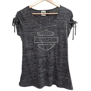 Harley Davidson Shirt Women M Gray Short Sleeve Studded Logo USA Moto Grunge Y2K - Picture 1 of 7