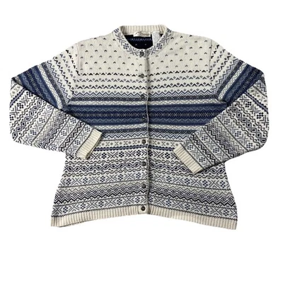 复古 Norm Thompson 圆领北欧 Fair Isle Cardigan 蓝色奶油色女式 L 滑雪 — 第 1/4 张图片