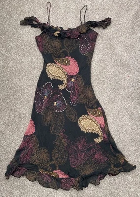 Vintage Y2K Lapis Beaded Sequin Silk Paisley Fairycore Black Offshoulder Dress M - Image 1 of 4