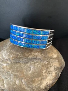 Blue Faux Opal Southwestern Zuni Sterling Silver Cuff Inlay Bracelet 01028 - Picture 1 of 12