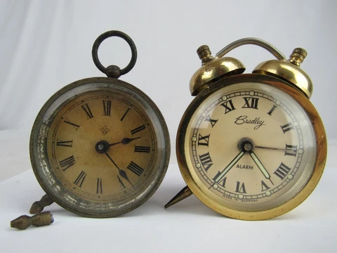 antique vintage alarm clock lot x2 ANSONIA BRADLEY brass small HAND WIND Cover