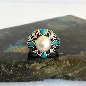 Schwerer Sterling Silber 925 große Perle Türkis Schnörkelarbeit Statement Ring Gr. 6,5 - Bild 1 von 24