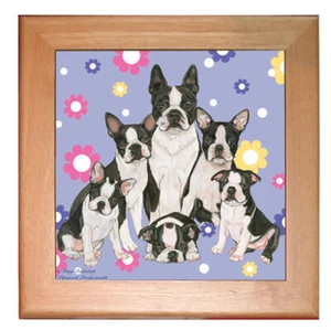 Boston Terrier Dog Kitchen Ceramic Trivet Framed in Pine 8" x 8" - Picture 1 of 1