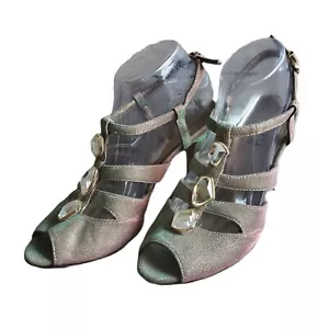 Scarpe donna Vaneli taglia 9 metallizzate iridescenti oro verde rubino strass TStrap - Foto 1 di 12