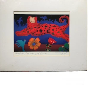 Arte de transferencia de color de dibujos animados firmado T Booth riendo perro sobre flores silvestres 13x16 - Imagen 1 de 10