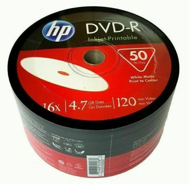 HP 16x DVD-R 4.7GB White Inkjet Printable Media Blank Disk - 50 Piece