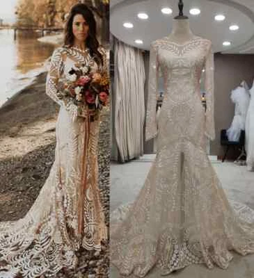 Boho Lace Wedding Dresses V-Neck Long Sleeves Backless with Slit Bridal Gowns - Image 1 of 4