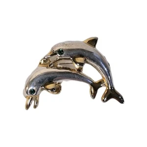 Brooch Pin Leaping Dolphins Silver And Gold Tone Green Rhinestone Eyes Vintage - Picture 1 of 7