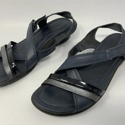 ECCO Felicia 蓝色黑色绑带楔形鞋跟凉鞋 EU 38 美国尺码 7.5 绑带 — 第 1/4 张图片