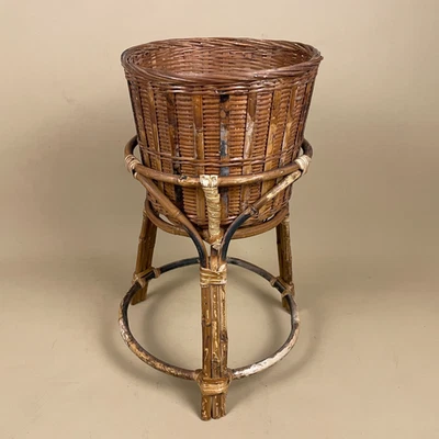 Vintage Bamboo Plant Stand Planter Rattan Woven Pot Round Boho Display Wooden - Image 1 of 4