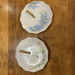 VTG Nappy Dish One Handle Floral Hand-painted-Gold Accent Rim- PAIR - Picture 1 of 7