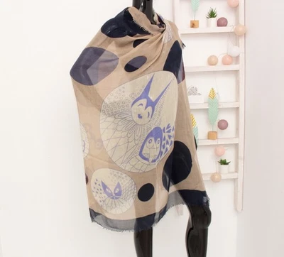 BECKSONDERGAARD Bufanda Cuadrada Modal Cachemira Azul Beige Flecos Mantón Cuello Envoltura Foto 1 de 4