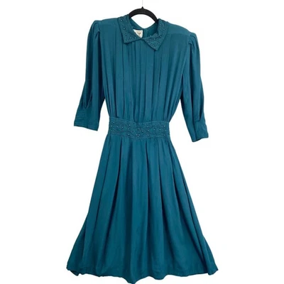 VTG 90s Secretary Dress Womens 8P Teal Pleated Bodice Shoulder Pads Preppy 90s  - Image 1 of 4