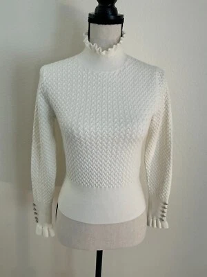 Zara Women Ivory/Cream Color Sweater with Rhinestone Flowered Buttons on Sleeve - Image 1 of 4