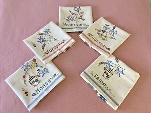 5 Vintage Embroidered Irish Linen Tea Towels Weekday Pattern M-F Office Business - Picture 1 of 24