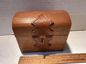 Vintage Small Treasure Chest Wood & Leather with Hidden Compartment False Bottom - Picture 1 of 10