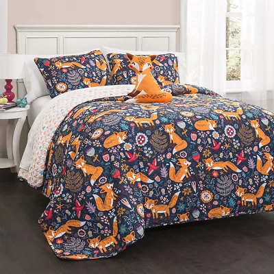 Conjunto de Roupa de Cama Lush Decor Pixie Fox Colcha Reversível 4 Peças-Marinha-Completa/Rainha - Imagem 1 de 4