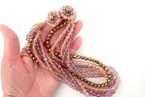 Vintage Multi Strand Pink Lavender & Gold Faceted Glass Bead Choker Necklace - Picture 1 of 8