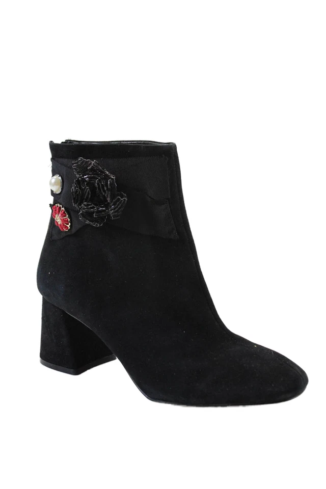 Botines al tobillo Nanette Lepore para mujer de gamuza con cuentas florales de tacón bloque negros talla 9 Foto 1 de 4
