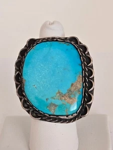 Vintage Native American Sterling Silver Large Turquoise Stone Ring - Size 6 3/4 - Picture 1 of 17