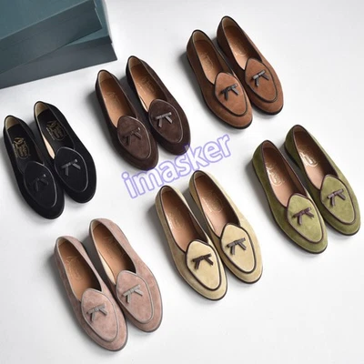 British Retro Bow Women Flats Loafers Casual Round Toe Real Suede Shoes Slip On - Image 1 of 4