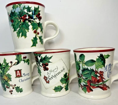 4 New Boxed Williams Sonoma Vintage Postcard Mugs "A Merry Christmas"1 tiny chip - Image 1 of 4
