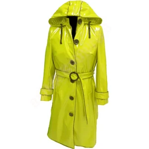 Women's Shiny PVC Faux Leather Hooded Raincoat Lightweight Trench Long Overcoats - Picture 1 of 4