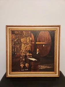 J Schneider Signed Original Painting Oil On Canvas Monk in Wine Cellar Framed - Picture 1 of 24