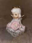 Vintage Geo Lefton August Girl Angel Figurine w/ Flowers Poppy Peridot #489